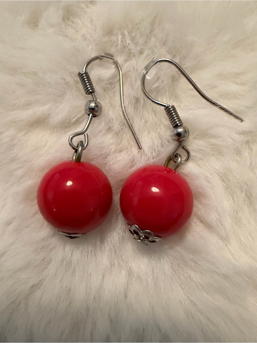 Red Bead Drop Earrings with Silver Accents - Women Jewelry